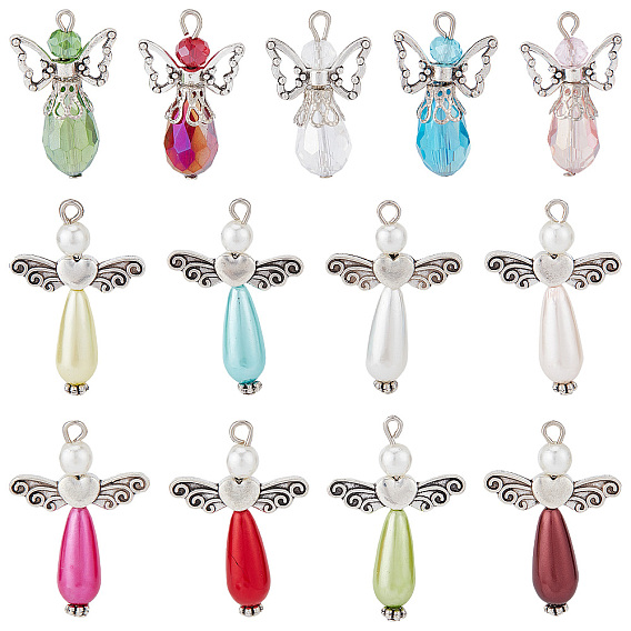 30 шт 2 подвески из сплава, с гальваническим стеклом и акриловыми бусинами, имитирующими жемчуг, Сплавочные овальные бусины тибетского стиля , ангел