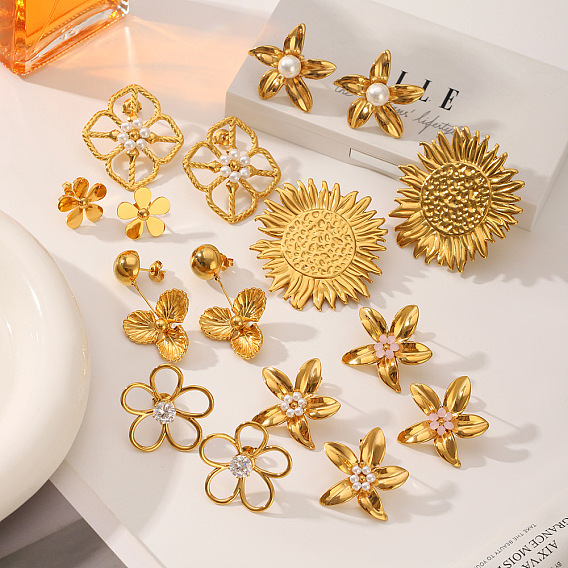 304 Stainless Steel Stud Earrings for Women, Flower