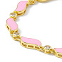 Brass Micro Pave Cubic Zirconia Chain Bracelets, Enamel Style Pink Wave Link Chain Bracelet for Women, with Chain Extender & Lobster Claw Clasp
