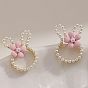 Alloy Imitation Pearl Plastic Rabbit & Flower Stud Earrings for Women, Golden