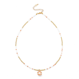 Pendant Necklaces, with Brass Beads, Frosted Glass Beads, Alloy Charms, Plastic Imitation Pearl and 304 Stainless Steel Lobster Claw Clasps, Shell Shape