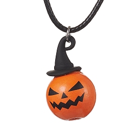Halloween Theme Wood Pumpkin Pendant Necklaces, with Alloy and Waxed Rope