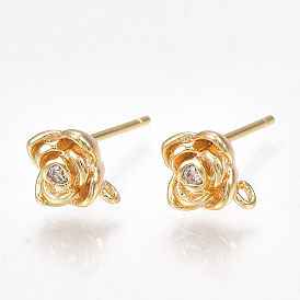 Brass Cubic Zirconia Stud Earring Findings, with Loop, Flower, Clear, Nickel Free