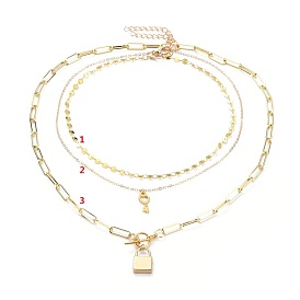 Pendant & Paperclip Chain Necklaces Sets, with 304 Stainless Steel Pendants, Alloy Pendants and Brass Chains, Lock & Heart Key
