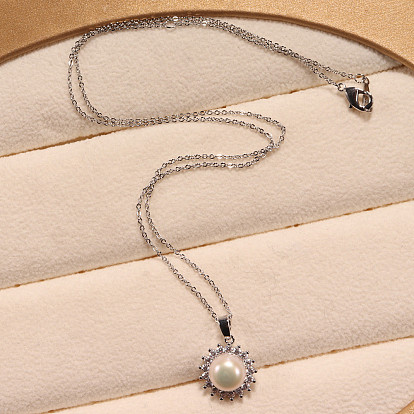 Ожерелья с подвеской-цветком из натурального пресноводного жемчуга, ювелирные изделия из латуни с микро-паве из прозрачного кубического циркония для женщин