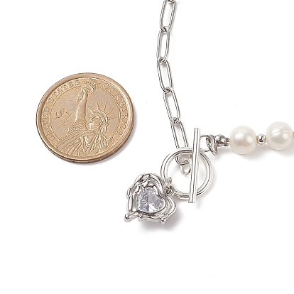 Ожерелье с кулоном в виде сердца из прозрачного кубического циркония с бусинами из натурального жемчуга, 304 ожерелье из цепочек из нержавеющей стали для женщин