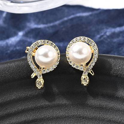 Серьги-гвоздики в форме змеи с круглыми латунными микропаве из прозрачных кубических цирконий, с пластиковой имитационной жемчужиной, стойки покрытие, без кадмия и без свинца