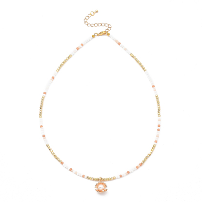 Pendant Necklaces, with Brass Beads, Frosted Glass Beads, Alloy Charms, Plastic Imitation Pearl and 304 Stainless Steel Lobster Claw Clasps, Shell Shape