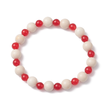 Natural Fossil & Dyed Malaysia Jade Round Beaded Stretch Bracelets for Women, Red
