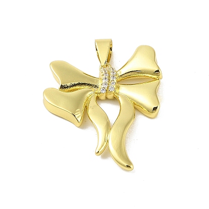 Brass Micro Pave Cubic Zirconia Pendants, Cadmium Free & Nickel Free & Lead Free, Real 18K Gold Plated, Bowknot