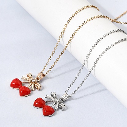 Подвеска в виде бантика из латуни с прозрачными кубическими циркониями и эмалью, украшенная красной вишней 304 Цепочка из нержавеющей стали для женщин
