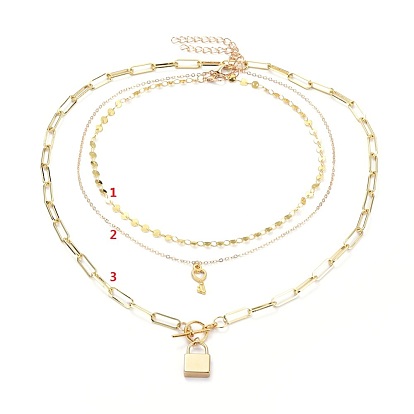 Pendant & Paperclip Chain Necklaces Sets, with 304 Stainless Steel Pendants, Alloy Pendants and Brass Chains, Lock & Heart Key