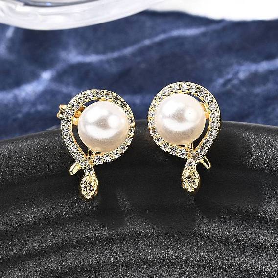 Серьги-гвоздики в форме змеи с круглыми латунными микропаве из прозрачных кубических цирконий, с пластиковой имитационной жемчужиной, стойки покрытие, без кадмия и без свинца