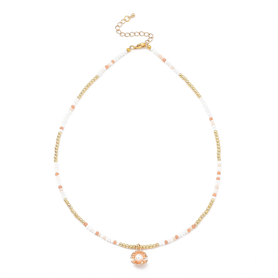 Pendant Necklaces, with Brass Beads, Frosted Glass Beads, Alloy Charms, Plastic Imitation Pearl and 304 Stainless Steel Lobster Claw Clasps, Shell Shape