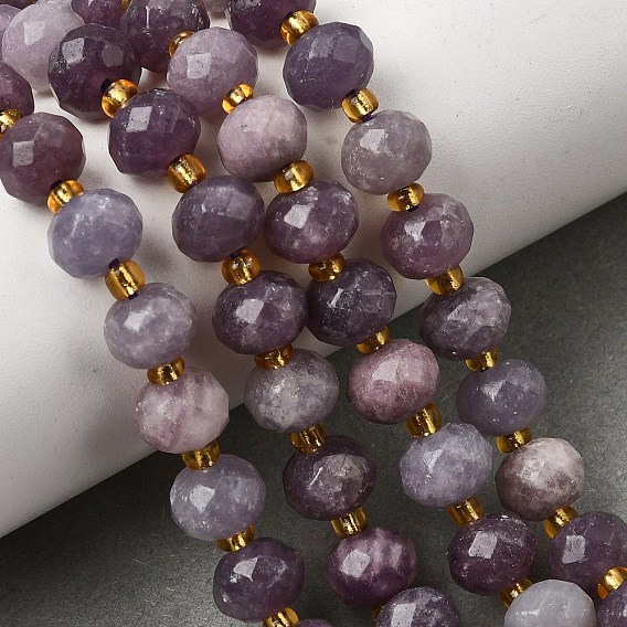 Natural Lepidolite/Purple Mica Stone Beads Strands, Faceted Rondelle Beads, with Seed Beads