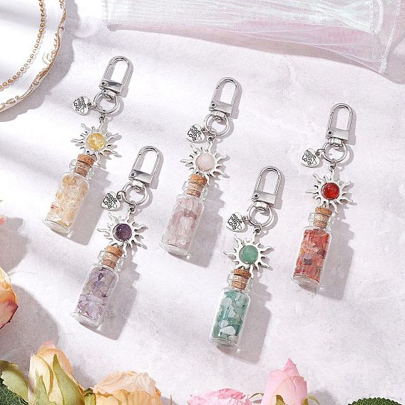 Стеклянная бутылка желаний с натуральными и синтетическими драгоценными камнями внутри подвесных украшений, подвески из сплава в виде солнца и поворотных застежек для украшений сумок