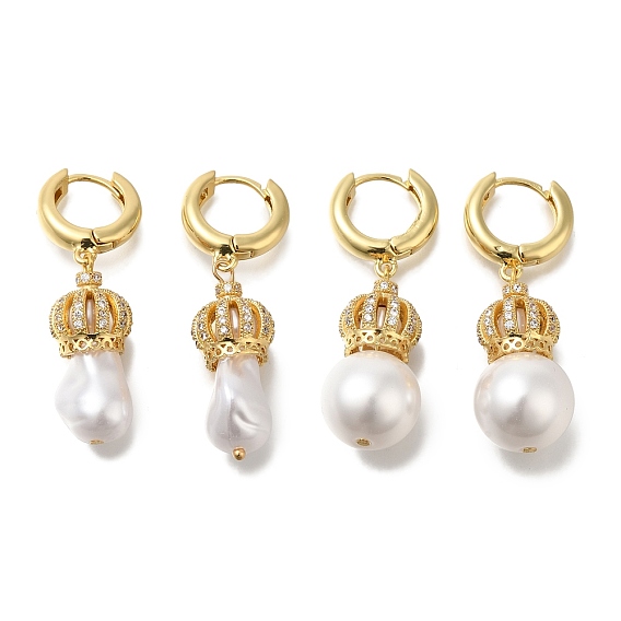 Серьги-кольца из латуни с микропаве и прозрачным фианитом, с пластмассовой жемчужиной abs, долговечный, без свинца и без кадмия