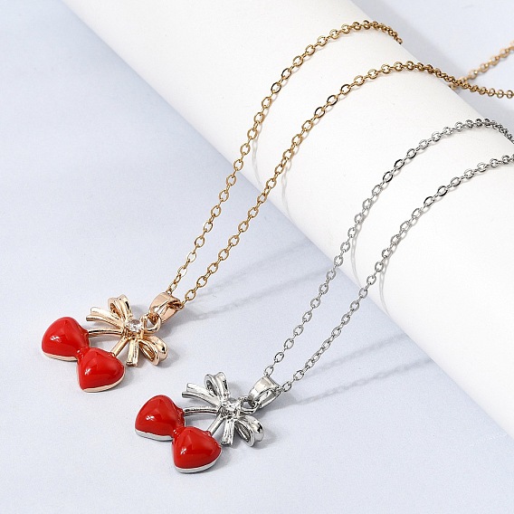 Подвеска в виде бантика из латуни с прозрачными кубическими циркониями и эмалью, украшенная красной вишней 304 Цепочка из нержавеющей стали для женщин