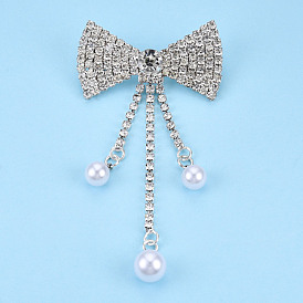 Crystal Rhinestone Bowknot with Plastic Pearl Lapel Pin, Creative Brass Badge for Backpack Clothes