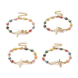 PVD Vacuum Plating 304 Stainless Steel Heart Beat Link Bracelet, Colorful Enamel Evil Eye Chains Bracelet for Women