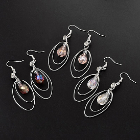 Teardrop Glass Beads Dangle Earrings, with Silver Color Plated Brass Findings, 70x21x10mm, Pin: 0.6mm