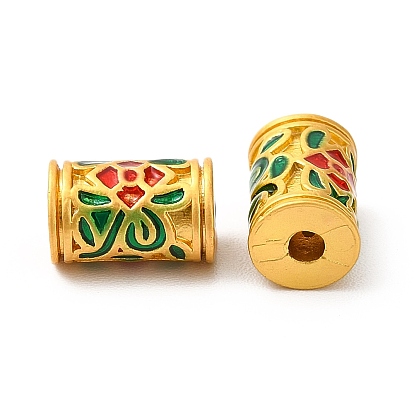Alloy Enamel Beads, Rack Plating, Column with Flower Pattern, Green & Red