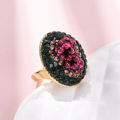 Кольца-манжеты из латуни и полимерной глины со стразами и натуральным гранатом, овальный с рисунком винограда