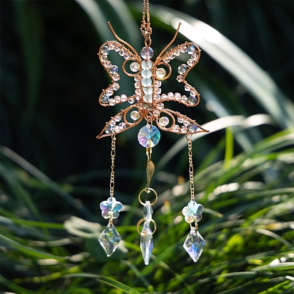 Wire Wrapped Glass Beads & Metal Butterfly Hanging Ornaments, Rhombus Tassel Suncatchers for Garden Outdoor Decoration