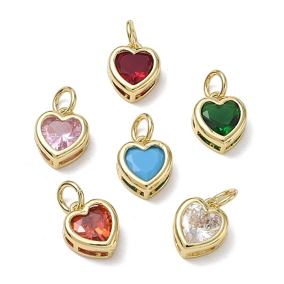 Brass Pave Cubic Zirconia Charms, Heart Charms, Single Stone Charms, Long-Lasting Plated, Rack Plating, Lead Free & Cadmium Free, Real 18K Gold Plated