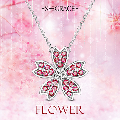 SHEGRACE 925 Sterling Silver Pendant Necklaces, with Grade AAA Cubic Zirconia, Sakura