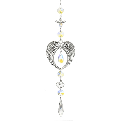 Glass Cone & Alloy Wing Big Pendant Decorations, with Glass Beads and 304 Stainless Steel Cable Chains, for Home Decorations