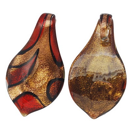  Gros pendentifs à chalumeau manuels, avec du sable d'or, feuille, couleur mixte, 61x33x11mm, Trou: 9mm