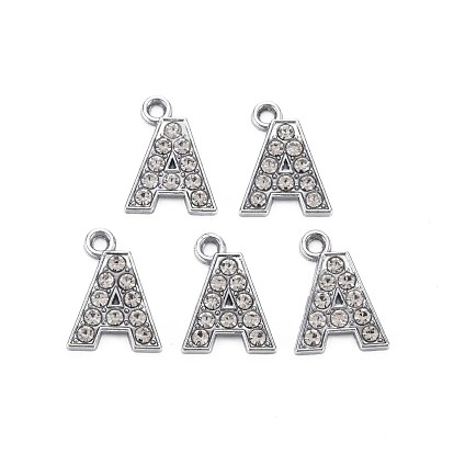 Alloy Pendants, with Crystal Rhinestone, Platinum, Cadmium Free & Lead Free, Alphabet
