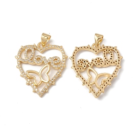 Rack Plating Brass Pendants, with Cubic Zirconia, Heart with Butterfly & Word LOVE Charm, Cadmium Free & Lead Free, Long-Lasting Plated