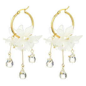 Acrylic & Glass & Shell Pearl Hoop Earrings for Women, Flower, White