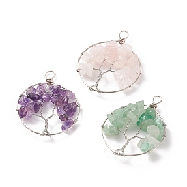 Natural Mixed Stone Chip Pendants, with Platinum Tone Eco-Friendly Copper Wire Wrapped, Round Ring Charm with Tree of Life