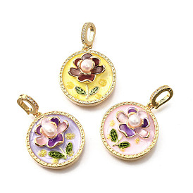 Латунные подвески с микропаве из кубического циркония и эмали, плоский круглый с цветными чарами, с блестящей пудрой и натуральным пресноводным жемчугом, реальный 18 k позолоченный