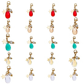 20 piezas 5 colgantes de vidrio en forma de lágrima facetada de colores, con cuentas de perlas redondas de vidrio, estrella 304 encantos de acero inoxidable y cierres de pinza de langosta