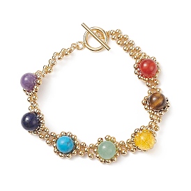 Natural & Synthetic Mixed Gemstone Chakra Beaded Bracelet with Mesh Chains, Golden 304 Stainless Steel Braided Bracelet for Women
