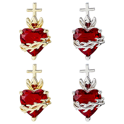 4шт 2 цвета латунные стеклянные подвески, сердце с крестом, без свинца и без кадмия, долговечный, стойки покрытие, граненые