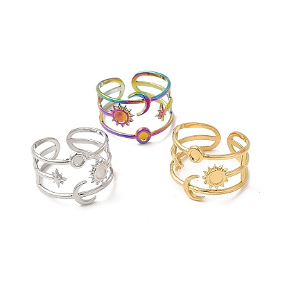 Star & Moon & Sun 304 Stainless Steel Open Cuff Ring Findings, Ring Setting with Round Tray