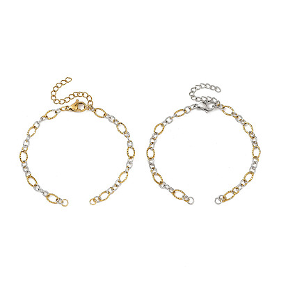 2Pcs 2 Colors 304 Stainless Steel Textured Oval Link Chains, Figaro Chains Bracelets Making
