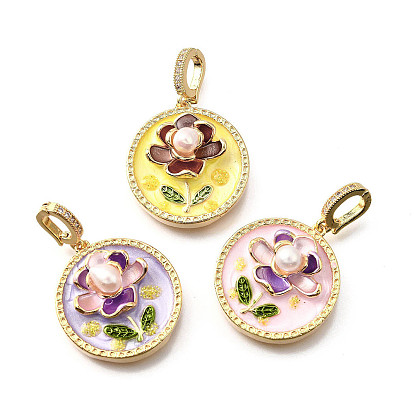 Латунные подвески с микропаве из кубического циркония и эмали, плоский круглый с цветными чарами, с блестящей пудрой и натуральным пресноводным жемчугом, реальный 18 k позолоченный