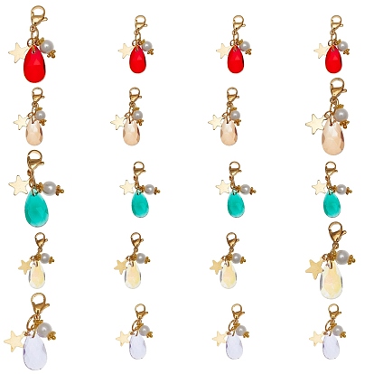 20 piezas 5 colgantes de vidrio en forma de lágrima facetada de colores, con cuentas de perlas redondas de vidrio, estrella 304 encantos de acero inoxidable y cierres de pinza de langosta