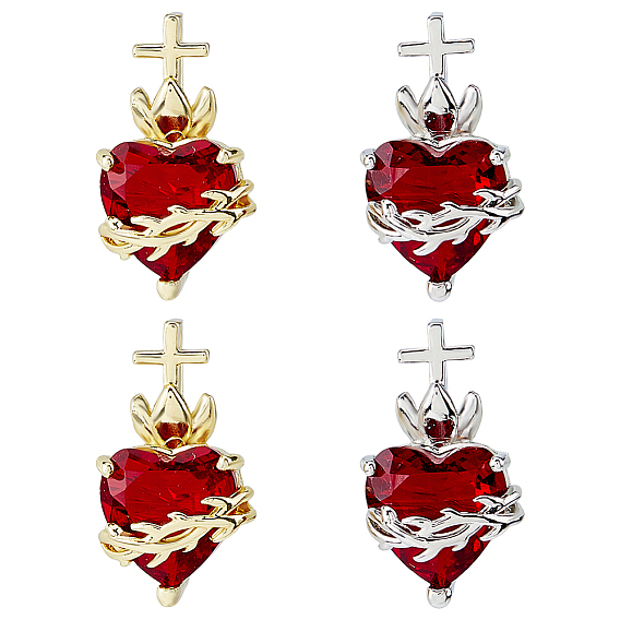 4шт 2 цвета латунные стеклянные подвески, сердце с крестом, без свинца и без кадмия, долговечный, стойки покрытие, граненые