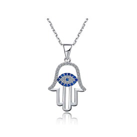 Blue Devil Eye Alloy Palm Pendant Necklace with Inlaid Gems for Women