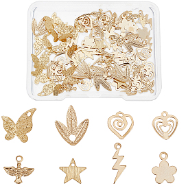 80 pcs 8 breloques en laiton de style, coeur & fleur & papillon & feuille & éclair & étoile & oiseau