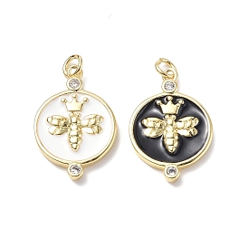 Eco-Friendly Brass Micro Pave Cubic Zirconia Pendants, Enamel Style, Cadmium Free & Lead Free, Flat Round with Bees & Crown Charm