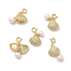 Brass Micro Pave Cubic Zirconia Shell Spring Ring Clasp Charms, with Natural Pearl Round Beads