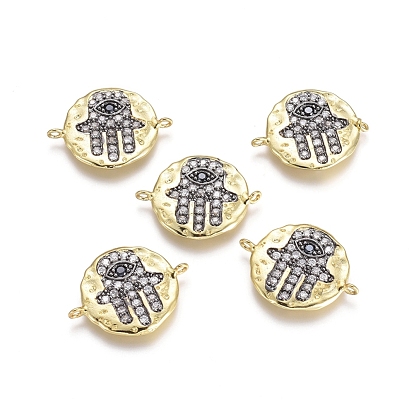 Соединители из латуни с микропаве и кубическим цирконием, плоский круглый и hamsa рука / рука fatima / рука miriam, прозрачные